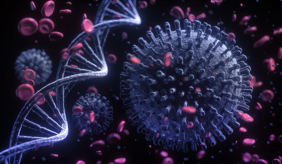 3d illustration closeup of corona virus with DNA strand on black background